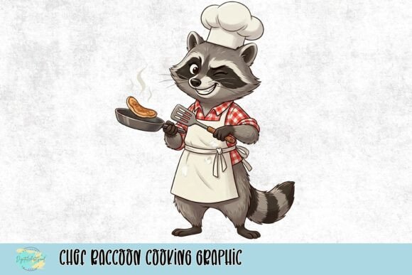 Meet the Chef Raccoon Cooking Graphic: A Whimsical Design Asset